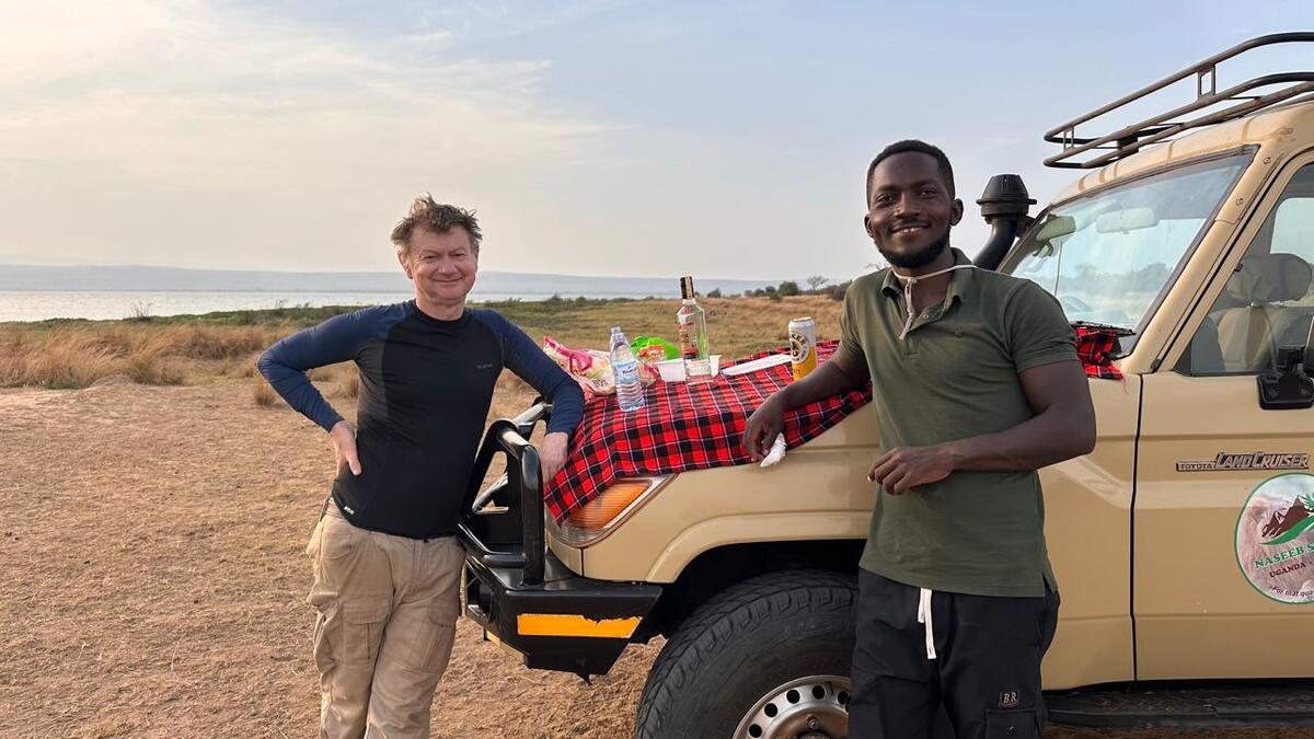 Nasiib our guide with Mark in Murchison Falls national park